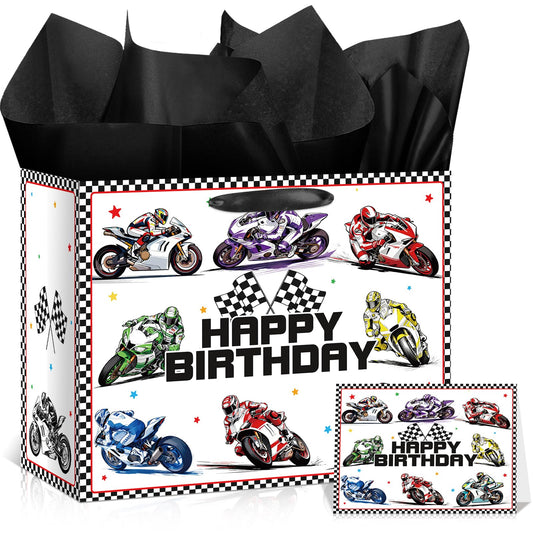 Motorcycle Gift Bag for Boys Sportbike Birthday Gift Bag Motorcycle Party Favor Bags with Tissue Paper and Card Sportbike Birthday Decorations for Boys Girls Teens Superbike Game Bday Party Decor