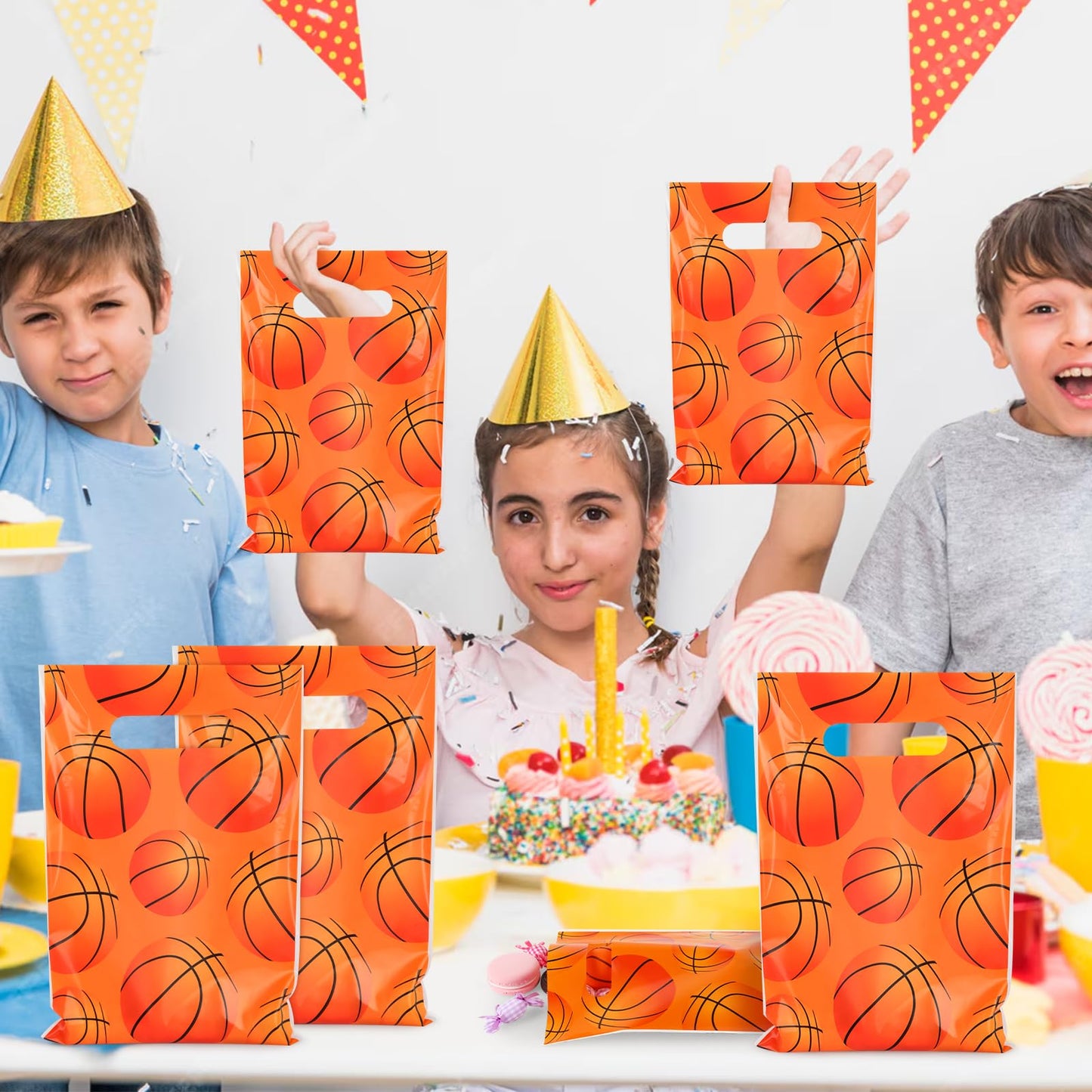 Hooqict 50PCS Basketball Gift Bags with Handle Basketball Party Favor Bags Snack Goodie Treat Candy Bag for Kids Boys Men Sport Themed Birthday Party Supplies (9.8 x 6.7 Inch)