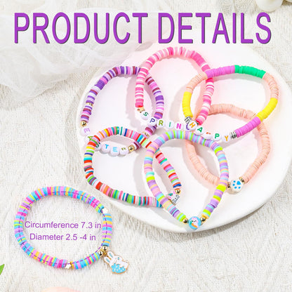 7Pcs Easter Bunny Basket Gifts Bracelet, Easter Gifts for Girls Women Stackable Boho Clay Party Elastic Stretch Bracelets