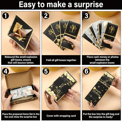 Jacyan Birthday Surprise Gift Box Explosion for Money, Exploding Money Gift Box for Cash Pop up Birthday Money Explosion Box Surprise Party Gift 12 Folding Bounce Boxes for Men Women Kids, Black Gold