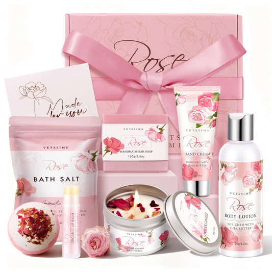 Gifts for Women Birthday, Bath and Body Gift Basket Mothers Day Gifts, Rose Home Spa Set Self Care Gift, Thank You for Mom Sister Her Teacher Friends Friendship