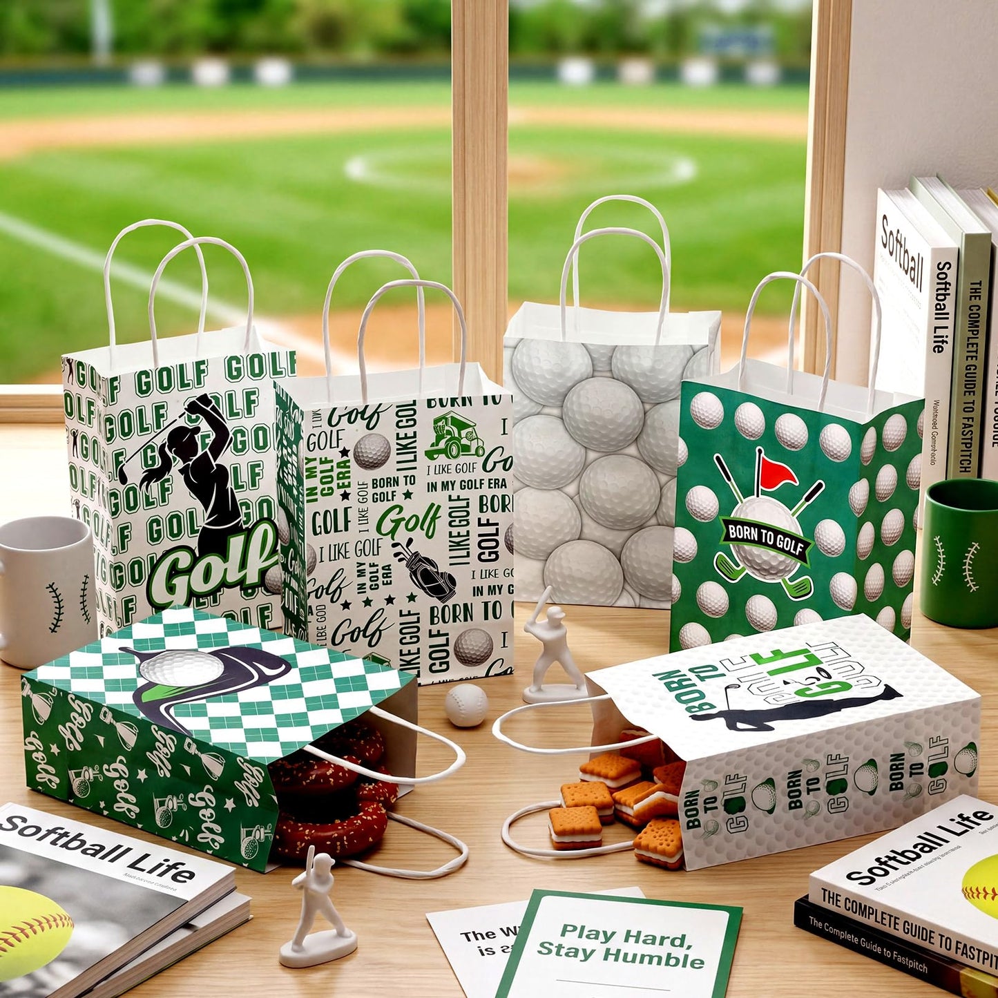MotiMind 24 Pcs Golf Party Favor Bags Golf Themed Goodie Gift Wrapping Paper Bags with Handles Portable Sports Ball Candy Snack Treat Pouch for Birthday Party Decorations Team Supplies
