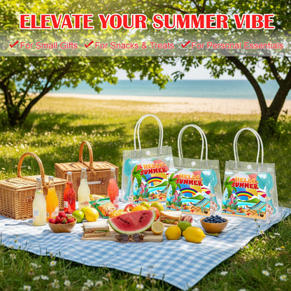 Aliceset 24 Pcs Hello Summer Clear Gift Bags Bulk with Handle, PVC Summer Party Favor Bag Reusable Transparent Goodie Bags for Beach , Pool Parties, Picnics & Outdoor Events, 6.31"x 5.91"x 3.15"