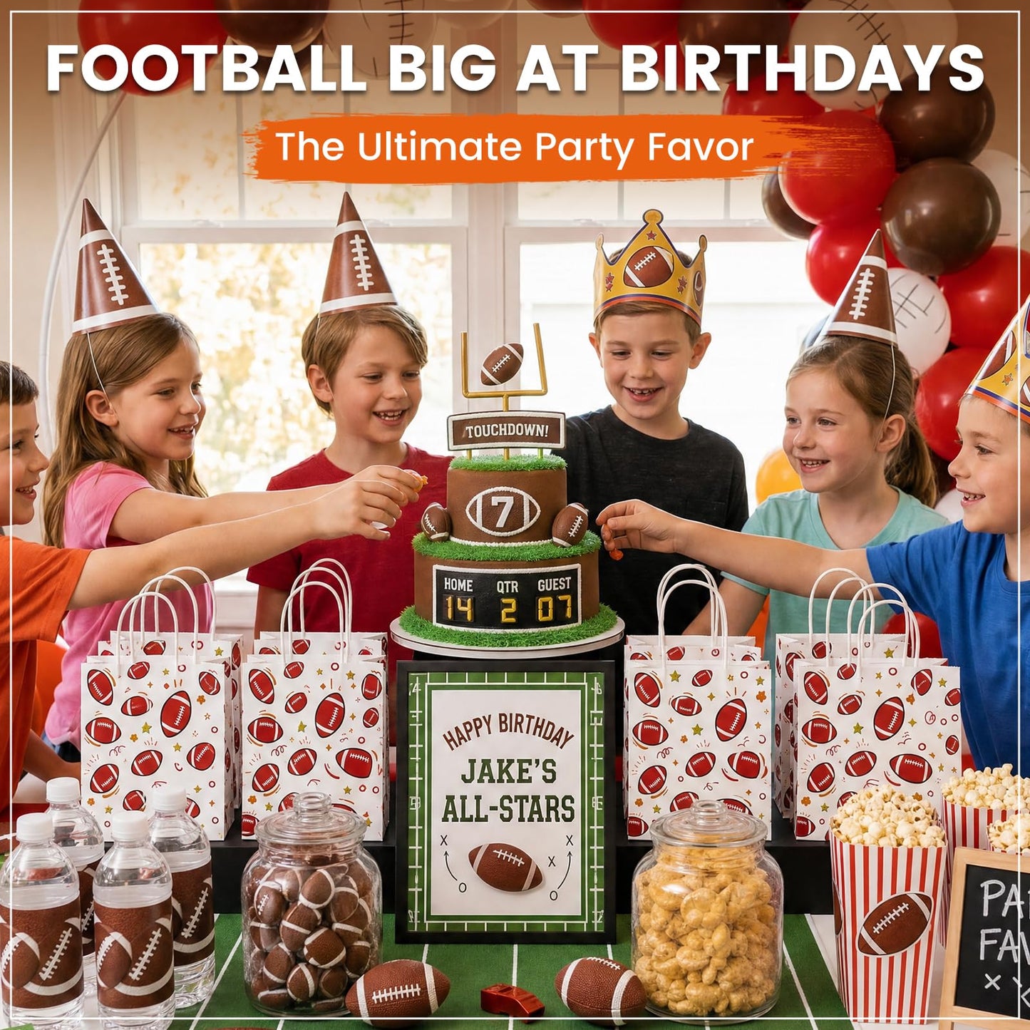 VGOODALL 16 Pack Football Goodie Bags with Handles, 5.5 x 2.8 x 8 Inches, Paper Gift Bags for Team Snack kids Birthday Party Favor Supplies