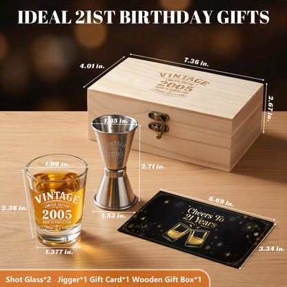 LIGHTEN LIFE 21st Birthday Gifts for Him,2005 Shot Glasses with Valued Wooden Box,21st Birthday Shot Glass Set,21 Years Old Birthday Gift Ideas,21st Birthday Decorations for Men Son Boy Brother Friend