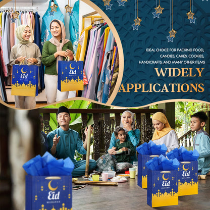 Crtiin 12 Pack Eid Mubarak Gift Bags with Handle 13" Large Paper Eid Gift Bags with Tissue Paper Eid Mubarak Bags Ramadan Gift Bags Eid Goodie Bags Muslim Ramadan Gift Bags for Eid Party Supplies