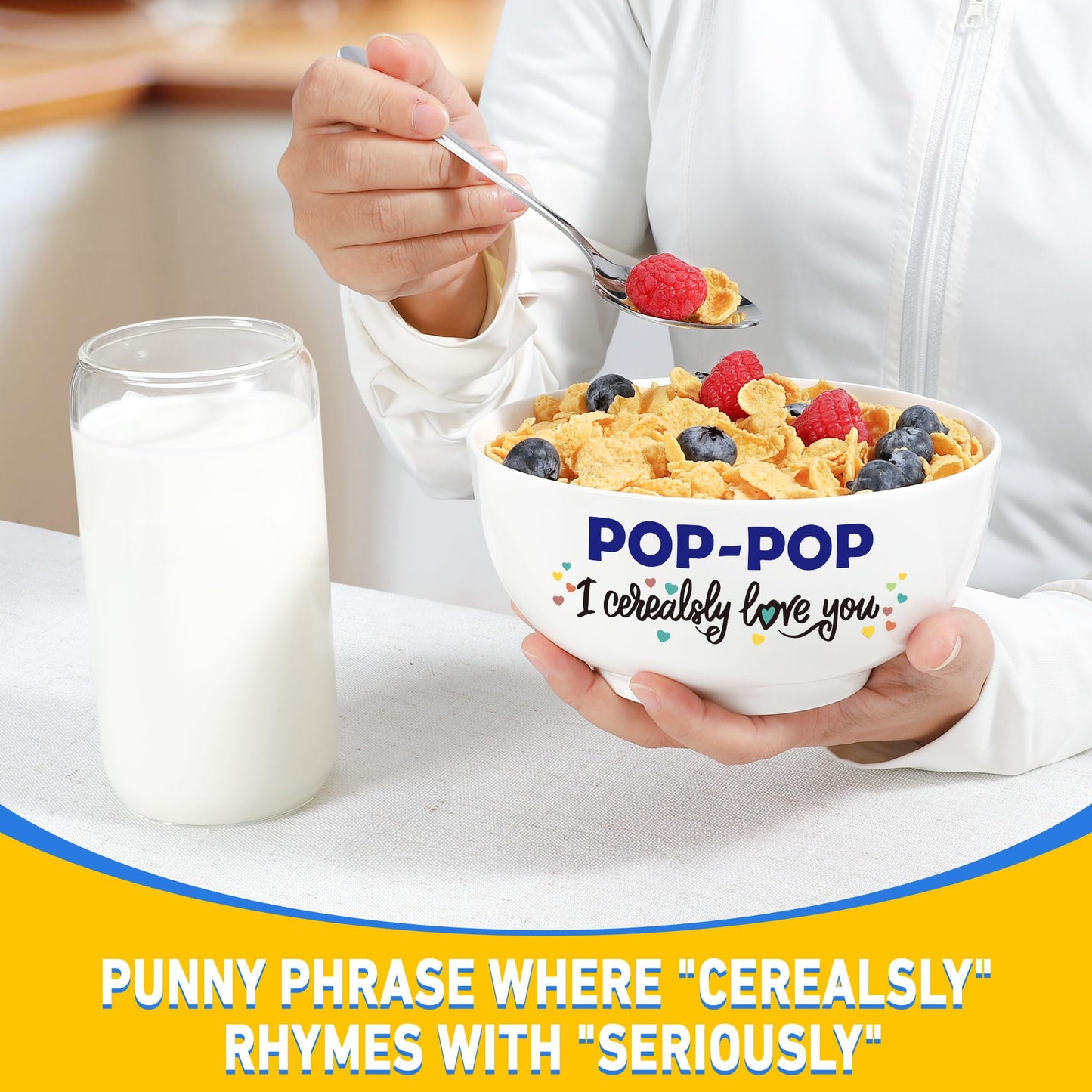 Pop-Pop Gifts for Fathers Day, Funny Pop Pop Gifts for Grandpa Birthday from Grandkids Granddaughter, Ceramic Cereal Bowl Presents, POP-POP I Cerealsly Love You
