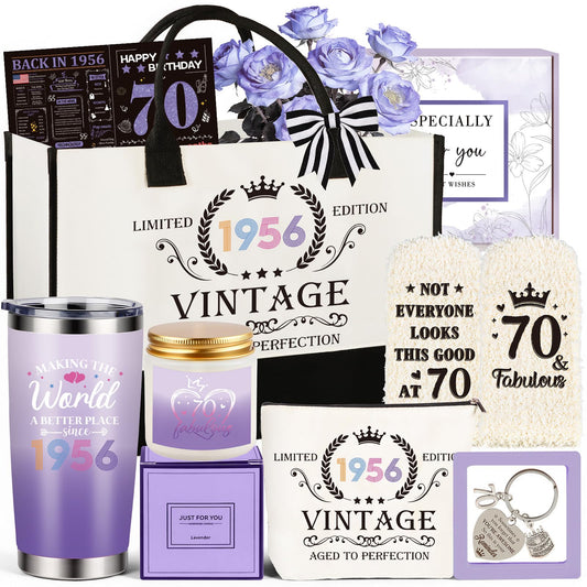 70th Birthday Gifts for Women, Vintage 1956 Happy 70th Birthday Gifts Basket for Women Unique Gift Ideas for 70 Year Old Female, Mom, Wife, Meaningful Gift Turning 70 Year Old, Purple