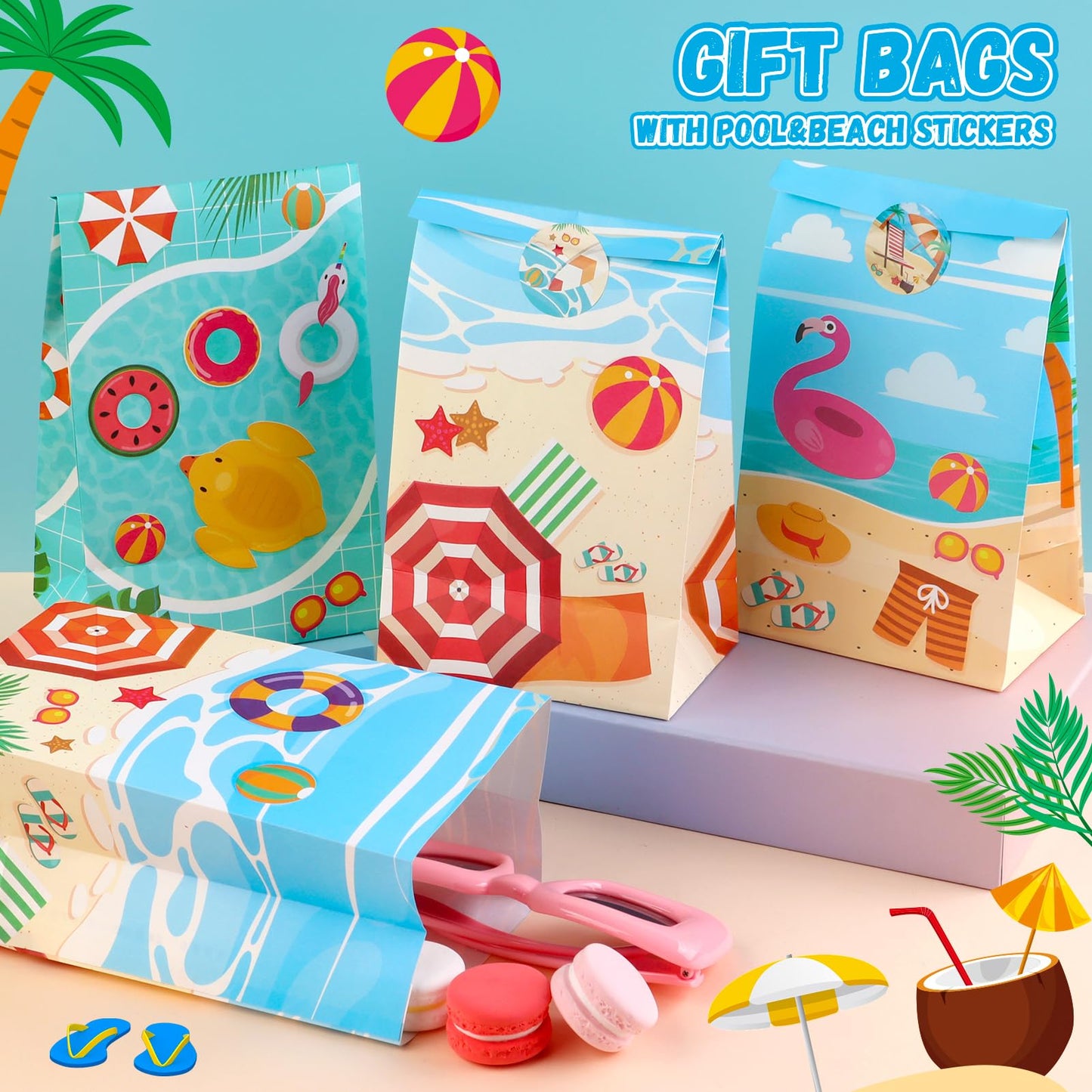 HEJIN 30 PCS Pool Party Favor Bags with 36 Stickers, Summer Gift Bags Pool Party Decorations Supplies for Kids, Mermaid Goodie Bags Beach Gifts for Birthday, Baby Showers, Wedding
