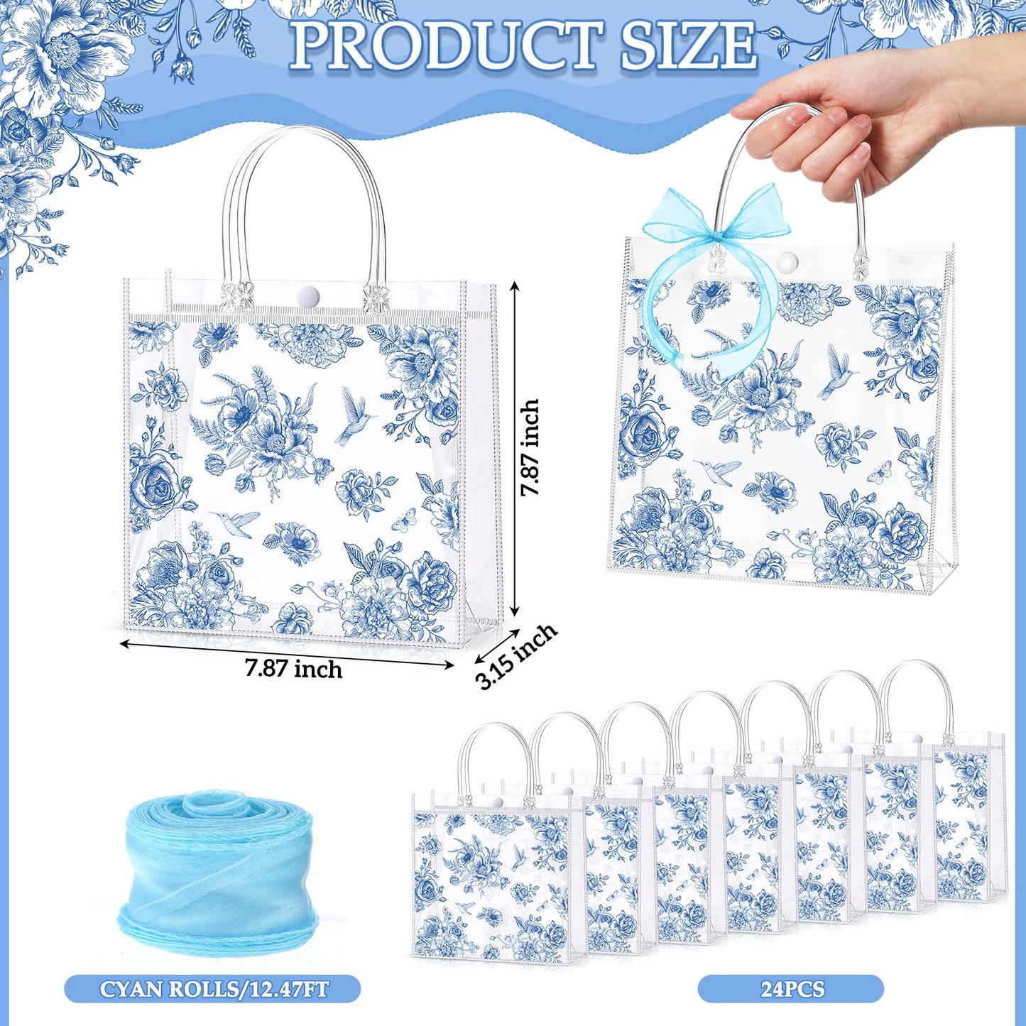 Hosuly 24 Pcs Blue Floral PVC Gift Bags with Bow Ribbon Clear Vintage Chinoiserie Flower Bags Blue Wildflower Goodie Handbags for Wedding Bridal Shower Birthday Party Supplies, 7.9 x 7.9 x 3.1 Inch