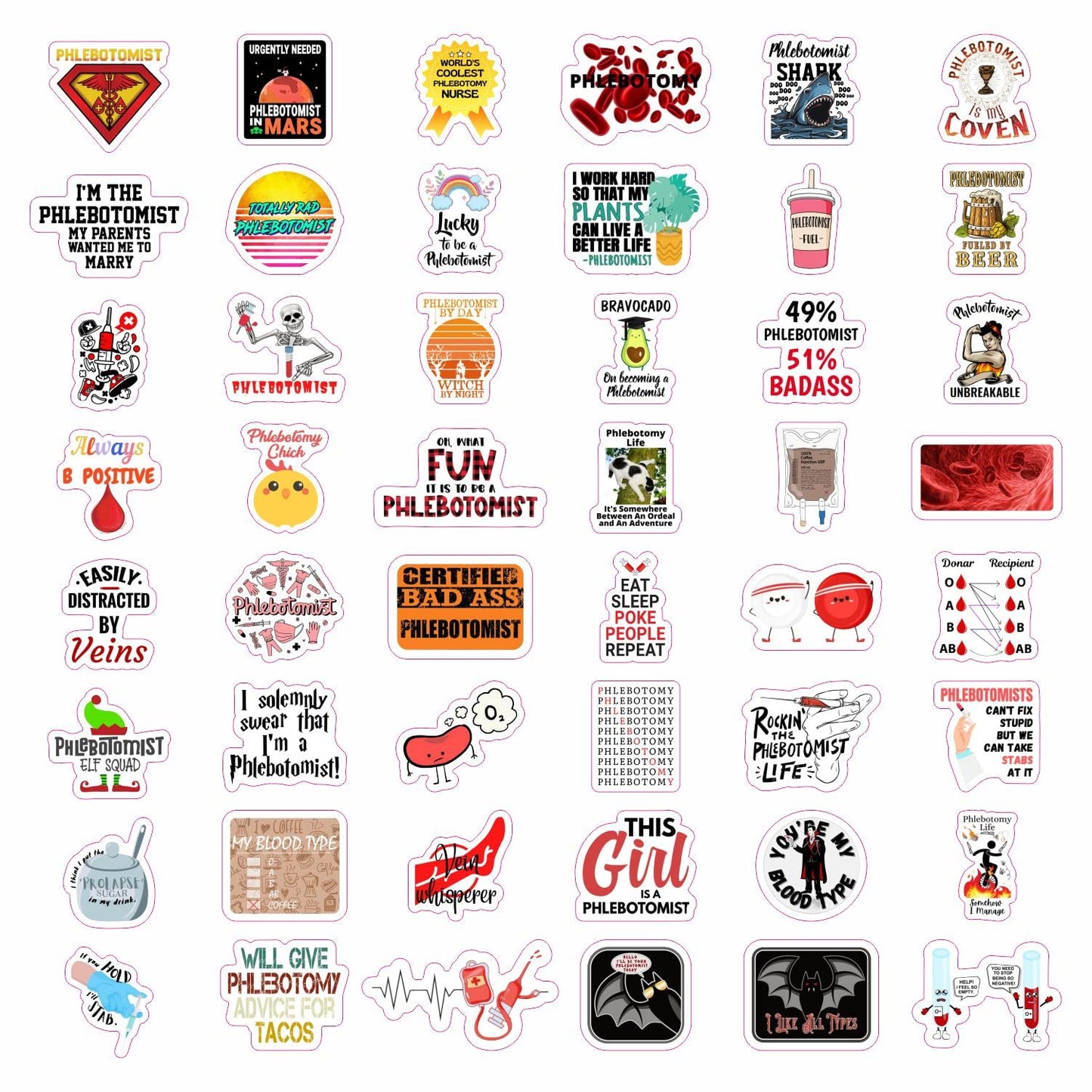 BulbaCraft 100 Pcs Phlebotomy Stickers, Phlebotomy Gifts for Women, Students & Men, Phlebotomist Accessories, Phlebotomist Decals for Laptops & Water Bottles, Gifts for Women & Men