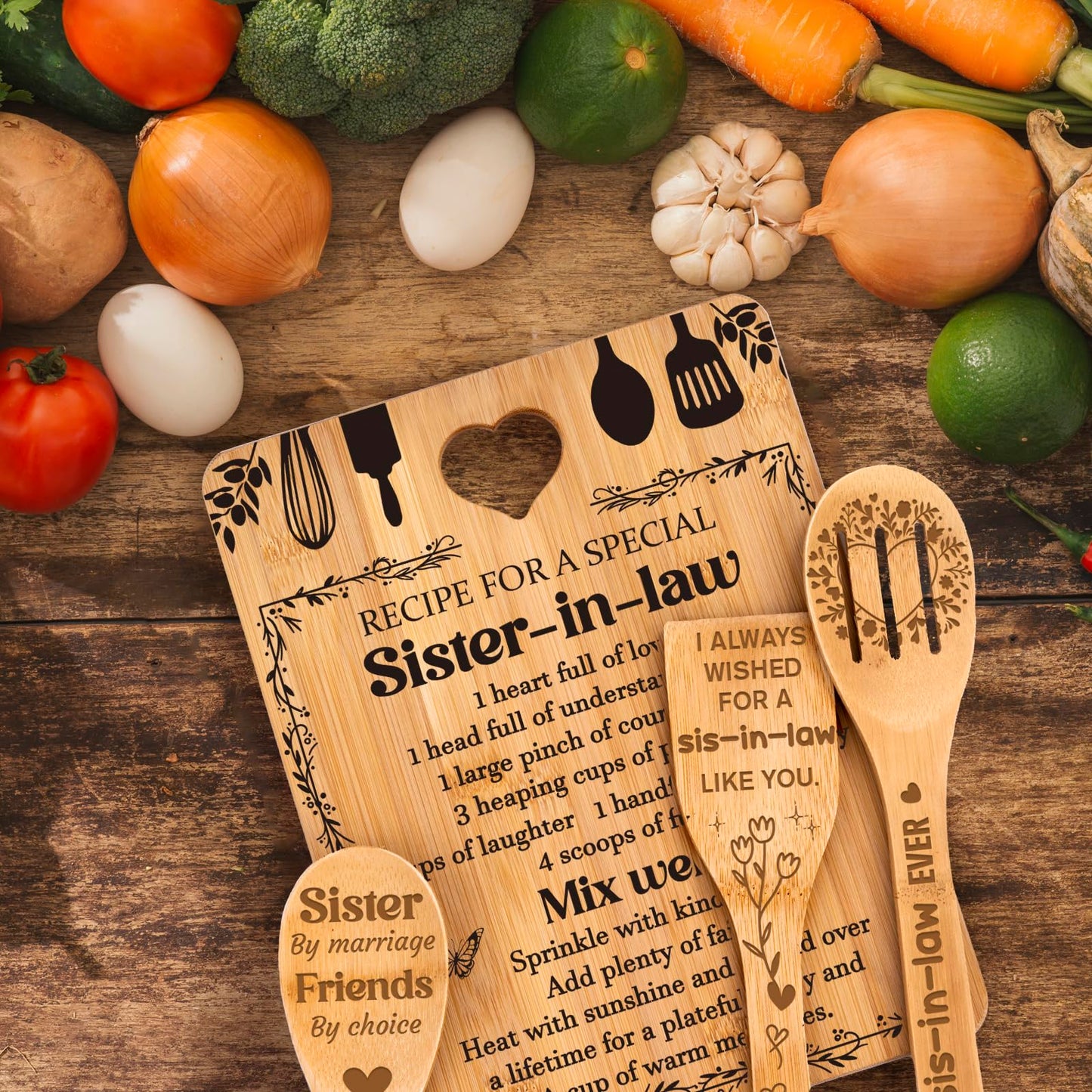 Gifts for Sister in Law - "Recipe for a Special Sister-in-Law", Sister in Law Birthday Gifts Engraved Bamboo-Made Cutting Board Set, Mothers Day Gifts for Sister in Law.