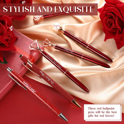 Qeeenar 6 Pcs Fancy Pens for Women Crystal Diamond Pen for Journaling Pretty Glitter Ballpoint with Box Inspirational Gifts for Women Girls College Students Cute Back to School Gifts(Red)