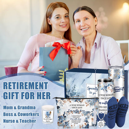Bokon 9 Pcs Blue Brown Retirement Gifts for Women Teacher End of School Year Retired Gifts Set for Teachers Cna Nurse Coworker with 20oz Tumbler Candle Socks & Keychain Relaxation Gift Box