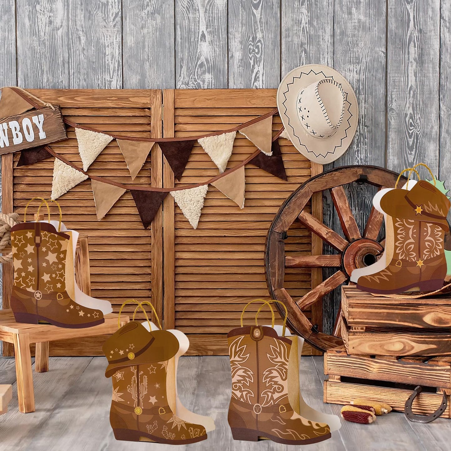 12Pcs Cowboy Boots Paper Bags Western Theme Party Decorations Favors Wild West Kraft Gift Bag with Handles Rodeo Cowgirl Boot Hat Goodie Bag for Cowboy Birthday Bachelorette Baby Shower Party Supplies