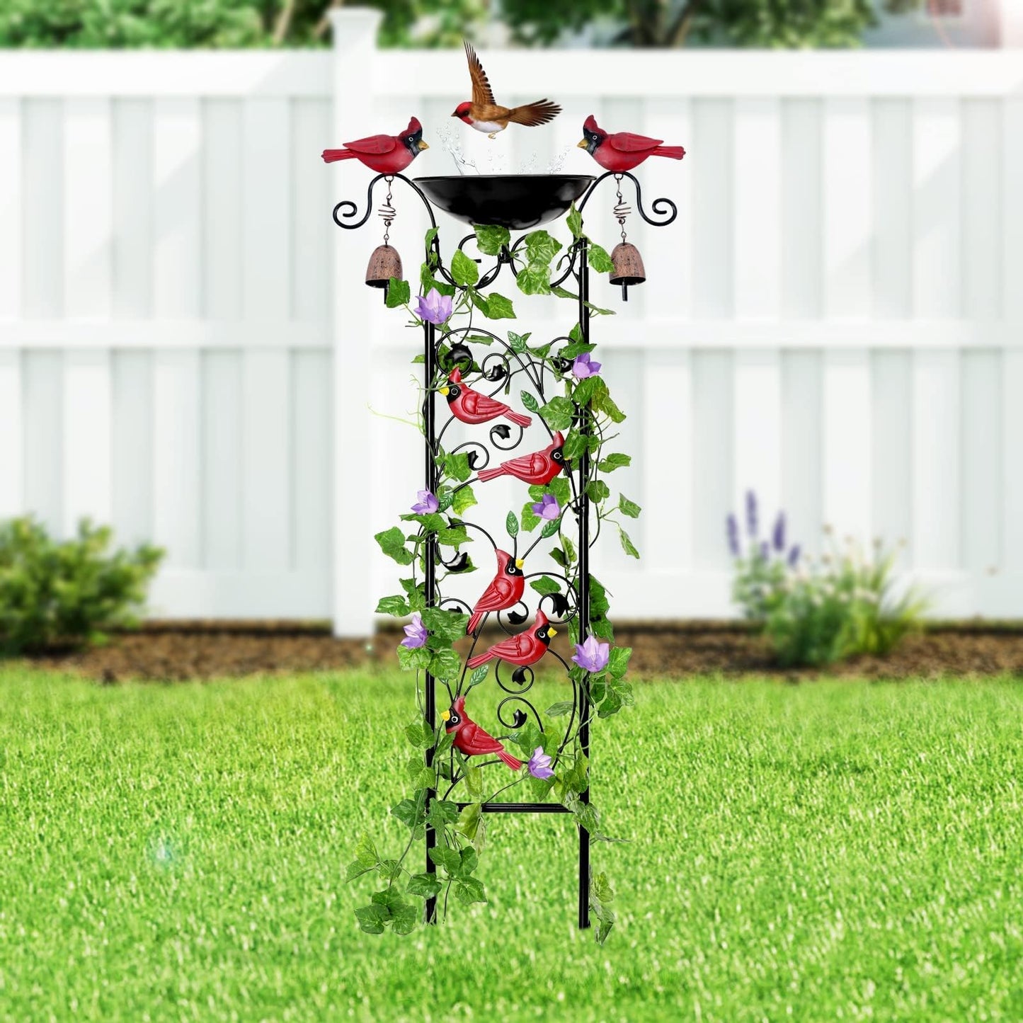 Cardinal Bird Bath Garden Trellis for Climbing Plants Outdoor Wind Chime Decor Red Birds Feeder Yard Sign Spring Lawn Decorations Housewarming Christmas Appear Memorial Gift for Bird Watcher Gardener