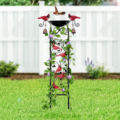 Cardinal Bird Bath Garden Trellis for Climbing Plants Outdoor Wind Chime Decor Red Birds Feeder Yard Sign Spring Lawn Decorations Housewarming Christmas Appear Memorial Gift for Bird Watcher Gardener