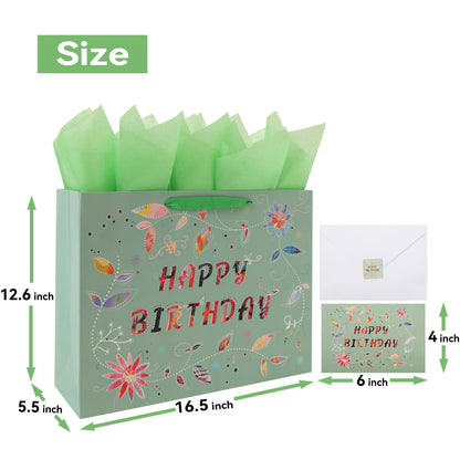 Qirrmiy 16.5” Extra Large Happy Birthday Gift Bag Set with Handles, Greeting Card, Tissue Papers and Stickers for Women Girls, Green Floral Design, 1 Pcs