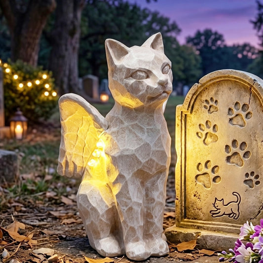 Solar Angel Cat with LED Lights, Cat Memorial Statue for Outdoor, Memorial Winged Cats Angel Figurine for Garden, Yard, Lawn, Patio Desk Decor, Pet Remembrance Loss Gift for Cat Lovers