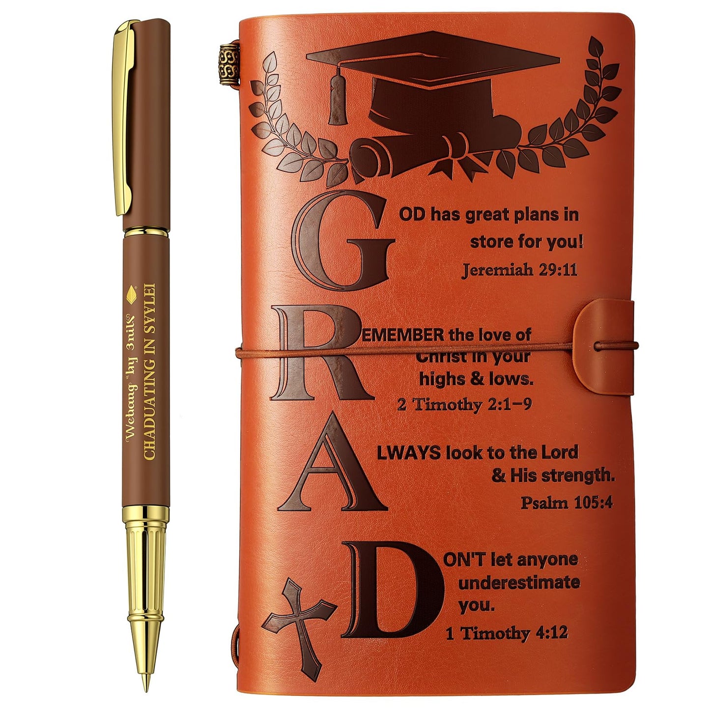 2Pcs Christian Graduation Leather Notebook Pen 120 Pages Bible Verses Inspirational Notebook Graduation Christian Gifts 2026 High School College Congratulations Grad for Women Men(Brown)
