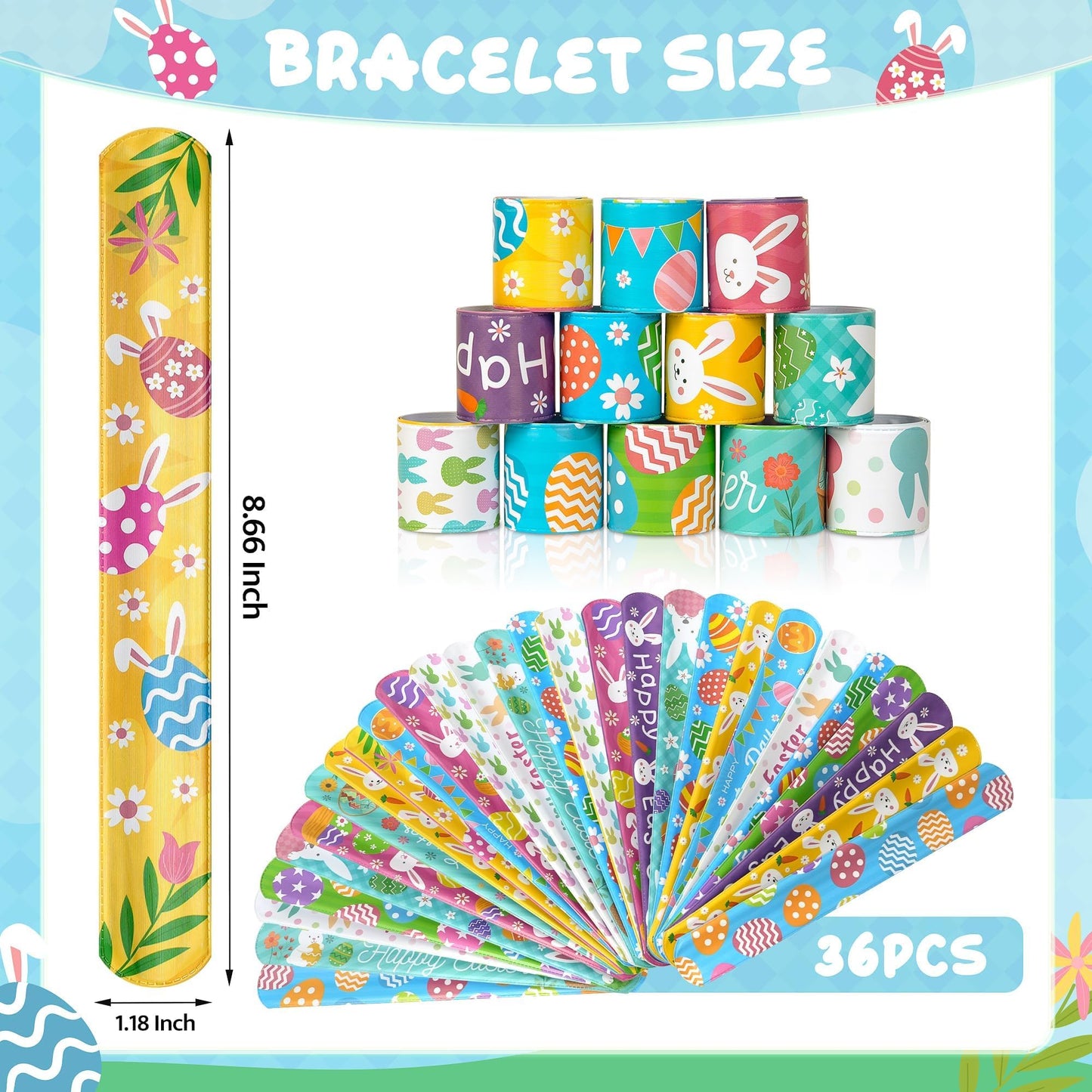 Childom 36 Pcs Easter Slap Bracelet,Easter Decorations Bracelet Decorations Gifts,Bunny Bracelets Present for Holiday Goodie Bag Stuffers,Bracelets Bulk for Birthday School Classroom Prizes Outdoor
