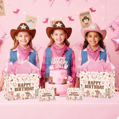 Wauprant Large Cowgirl Birthday Gift Bag for Girls Pink Wild West Western Happy Birthday Gift Bag with Wrapping Paper and Card for Girls First Rodeo Baby Shower Bachelorette Bday Party Supplies