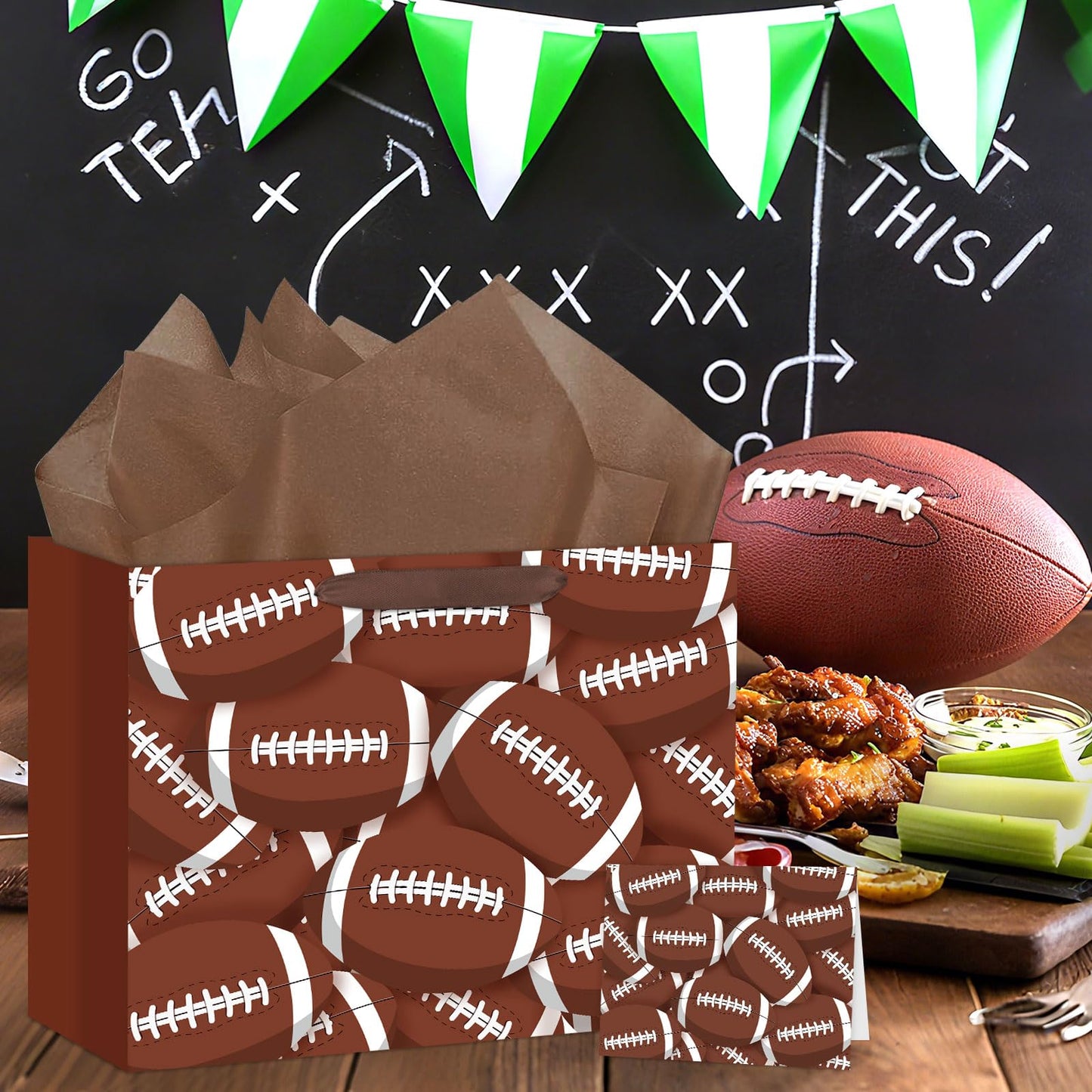 Hooqict Large Football Gift Bag Football Birthday Party Gift Wrapping Bag with Handles, Tissue Paper and Greeting Card for Boys Men Sport Themed Goodie Treat Party Favors
