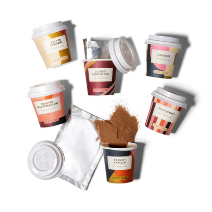 Bombombs Hot Chocolate Mix Gift Set in Mini Cup Packaging, Flavors Include Double Chocolate, French Vanilla, Peppermint, Salted Caramel and More, Set of 6