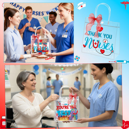 H1vojoxo Nurse Appreciation Gift Bags - 24PCS Nurse Clear PVC Gift Bags with Red Bow Ribbon Nurses Week Thank You Gifts Bag with Handles for Medical Assistant Healthcare Workers Best Nurses Ever