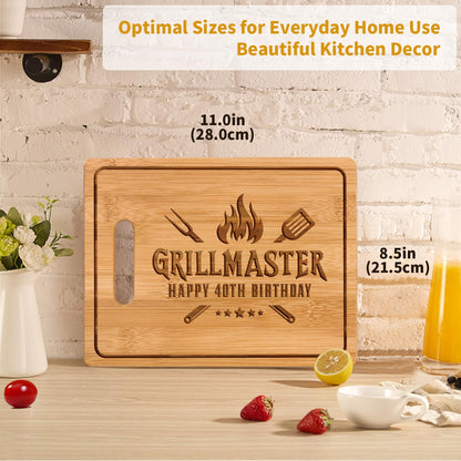 40th Birthday Gifts for Men, Grillmaster - 11x8.5 Inch Engraved Bamboo Cutting Board, Happy 40 Year Old Birthday Gifts for Men Friend Dad Husband Friend, Cool Present for 40th Birthday