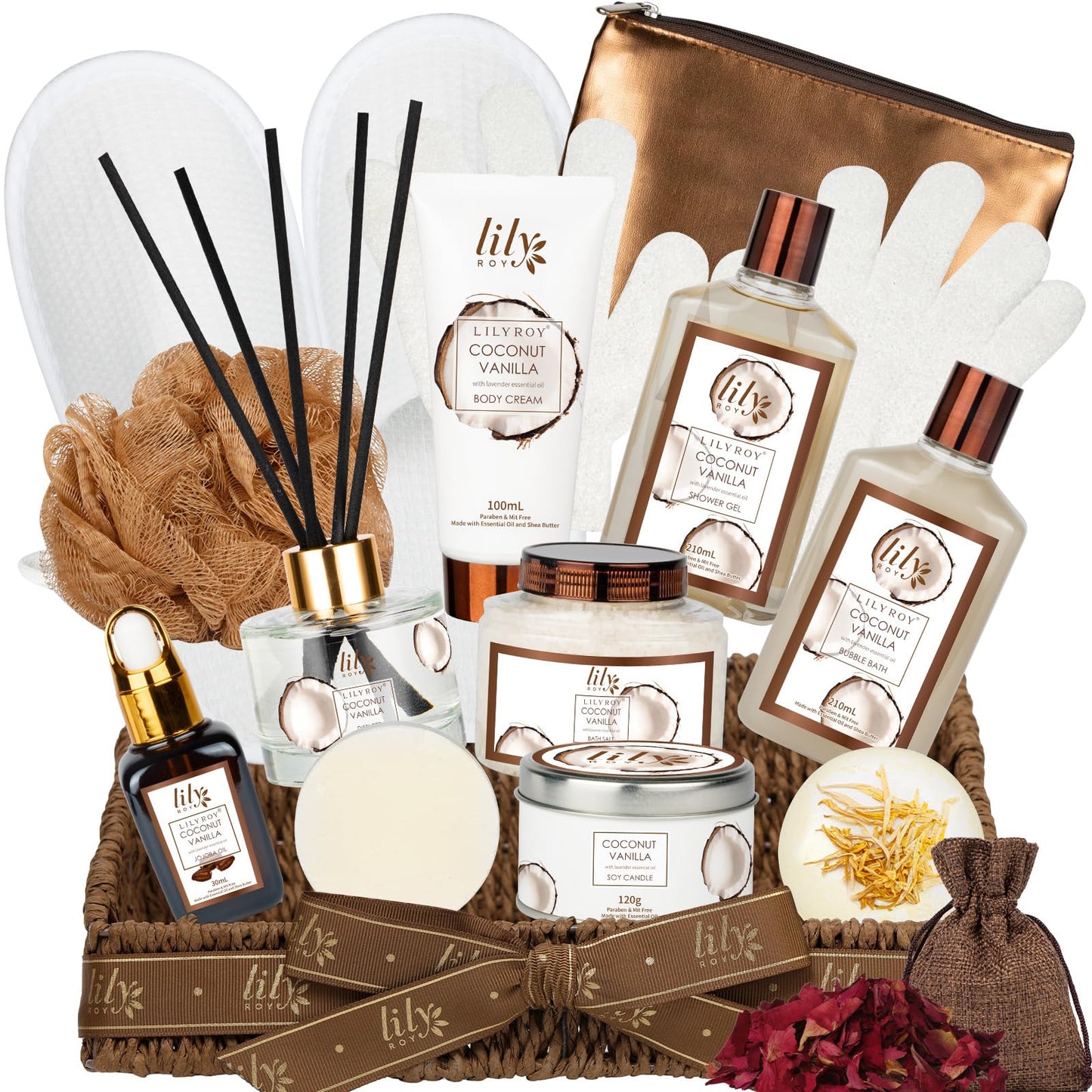 Gifts for Women & Men, Coconut Vanilla Birthday Gift Basket, Spa Gift Basket for Women, Bath and Body Spa Gifts for Mom & Dad, Spa Gift Set Designed for Fathers Day, Mothers Day, Christmas Gifts