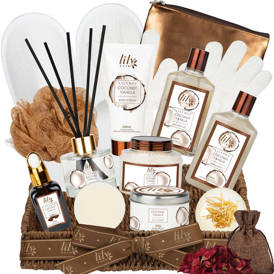 Gifts for Women & Men, Coconut Vanilla Birthday Gift Basket, Spa Gift Basket for Women, Bath and Body Spa Gifts for Mom & Dad, Spa Gift Set Designed for Fathers Day, Mothers Day, Christmas Gifts