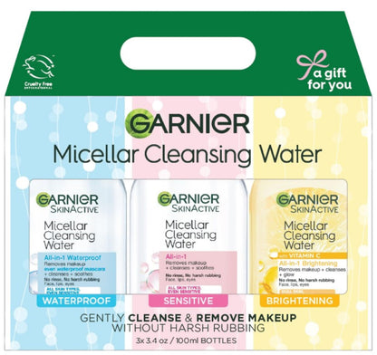 Garnier SkinActive Micellar Water Gift Set, Face Cleansing Holiday Skin Care Kit with Travel Size Micellar Facial Cleansers, Includes Original, Waterproof and Vitamin C Formulas, 1 Kit