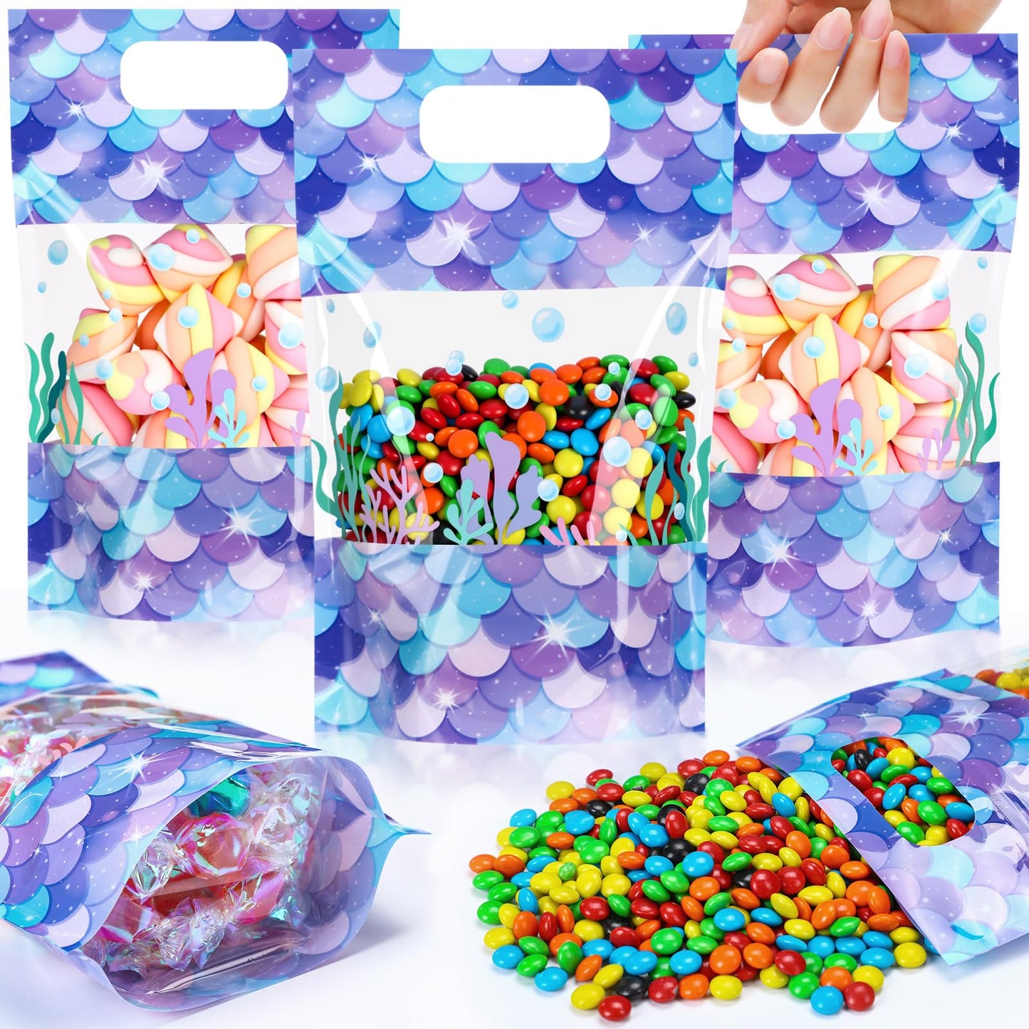 Sweetude 50 Pcs Mermaid Gift Bags Double-sided Print Plastic Bags with Handles Resealable Theme Sealed Pouch for Birthday Baby Shower Candy Gift Wrapping Supplies Decor (Mermaid)