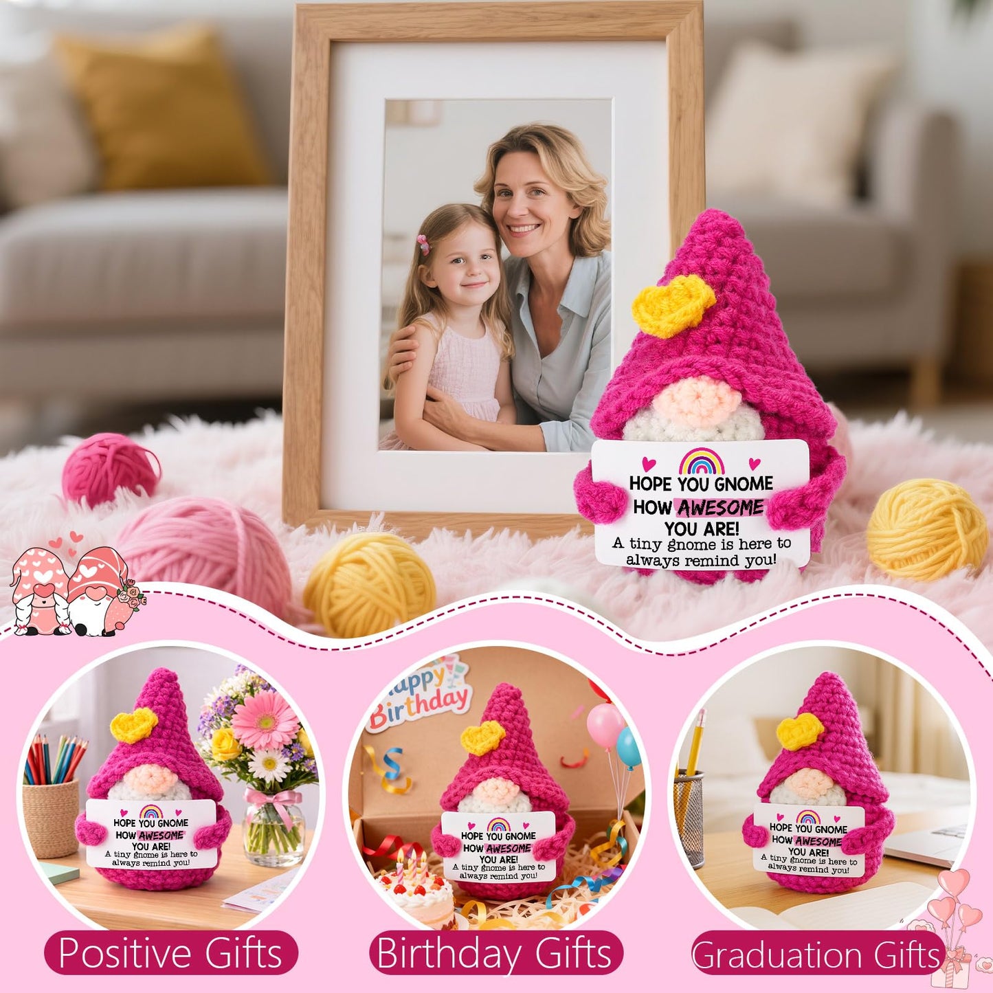 Inspirational Gifts for Women Girls - Funny Crochet Gnome Birthday Gift for Her College Friends Coworker Teen Girls Teacher, Stress Relief Cheer Motivational Positive Support Presents