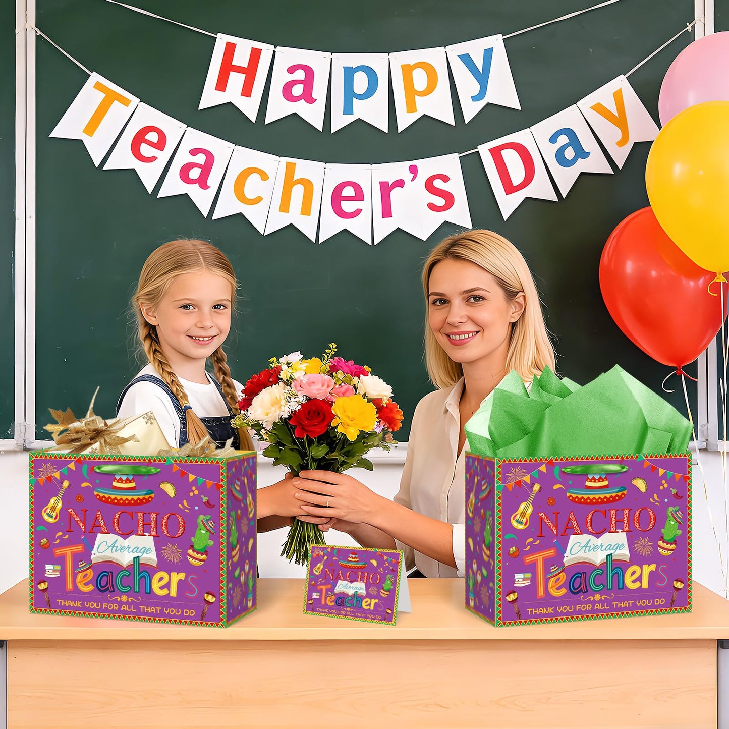 Woosytoo Nacho Average Teacher Appreciation Gift Bag with Wrapping Paper Card Mexican Fiesta Teacher Appreciation Week End of Year Thank You Gifts for Women Men Educators Daycare Tutors Best Presents