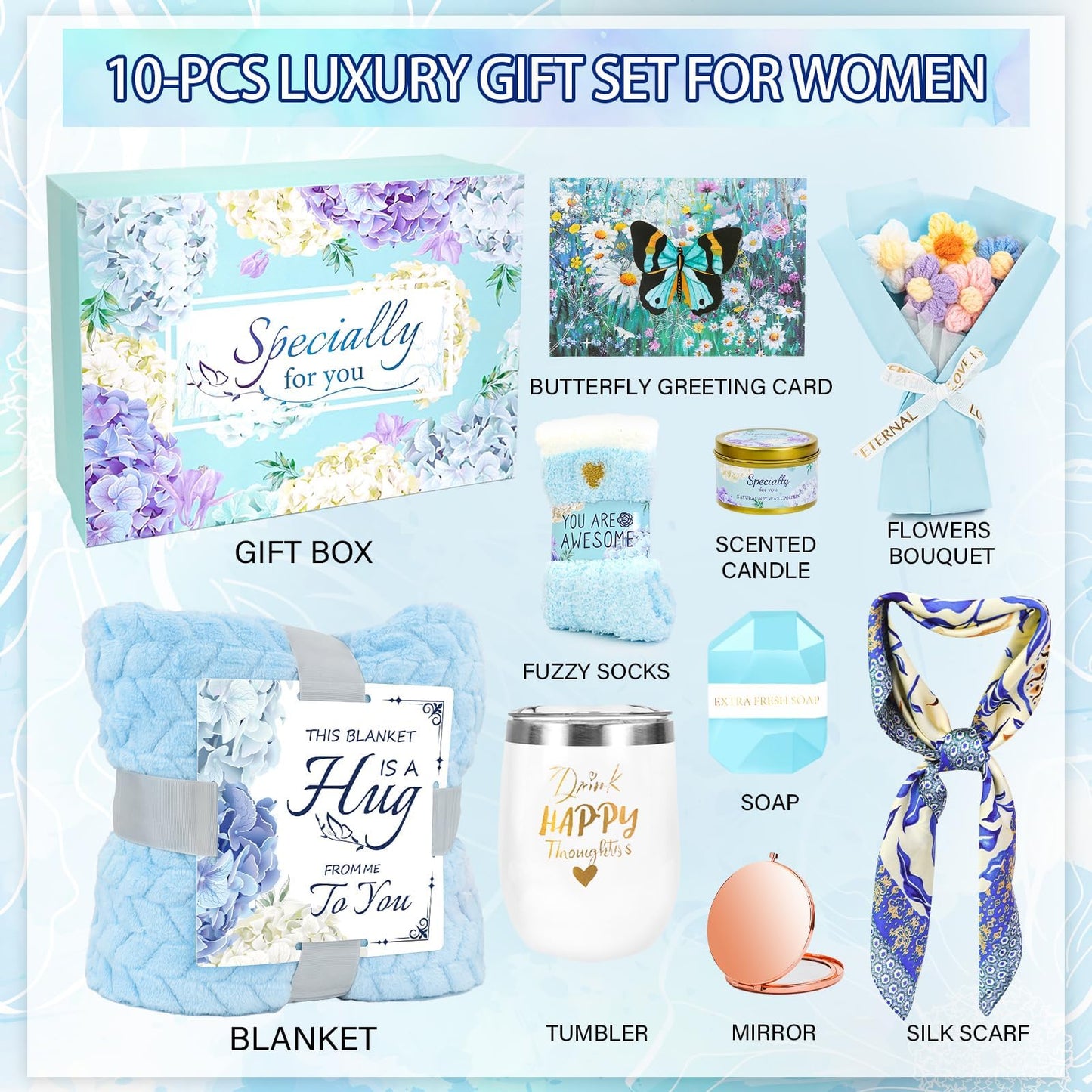 Happy Birthday Gifts for Women Mom Daughter Sister Wife Grandma, for Her, Self Care Gift Get Well Relaxing Spa Gift Basket Set (Blue)