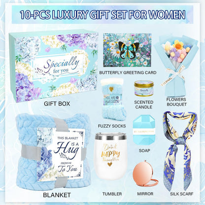 Happy Birthday Gifts for Women Mom Daughter Sister Wife Grandma, for Her, Self Care Gift Get Well Relaxing Spa Gift Basket Set (Blue)
