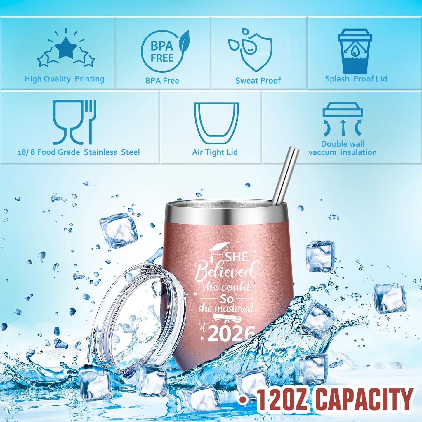 Gerrii 3 Pcs Masters Graduation Gift Set She Believed She Could So Mastered It 2026 Insulated Tumbler 12 oz Acrylic Heart Decor Keychain Graduation Master Degree Christmas Gift for Women(Master)