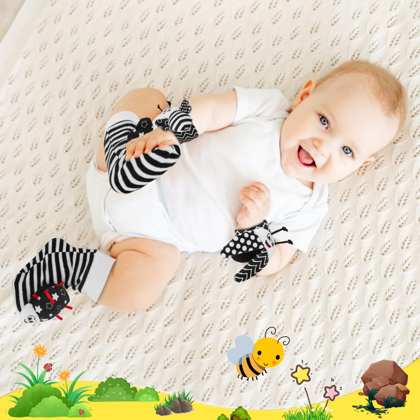 Baby Toys 0-6 Months - High Contrast Wrist Rattle Foot Finder Socks Set for 3 Month Baby Toys Infants, Soft Plush Sensory Rattles for Newborn Boys Girls Essentials Shower Gifts