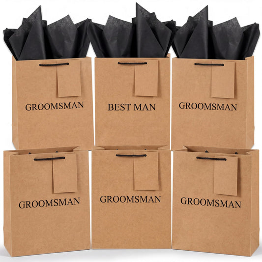 Resholder 6 Pack Groomsmen Gift Bags with Tissue Paper DIY Best Man Proposal Favor Bag with Tag Bachelor Wedding Gifts for Groomsman Best Man Bachelor Party (Medium,Brown Black)