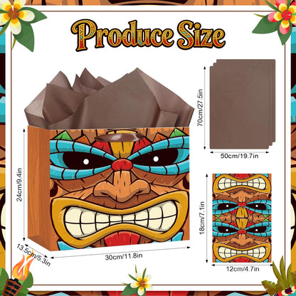Tiki Gift Bag Brown Hawaiian Wrapping Paper Bag with Tissue Paper and Greeting Card Aloha Luau Party Favors Hawaiian Themed Party Decor for Hawaii Tropical Summer Festival Birthday Party Supplies