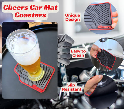 Car Mat Coasters Set of 4 Red Cheers Sign 6x4in, Funny Car Lovers and Racing Fans Gift, Silicone Drink Coasters, Dishwasher Safe, Man Cave Accessories, Mechanic Gift for Car Guys