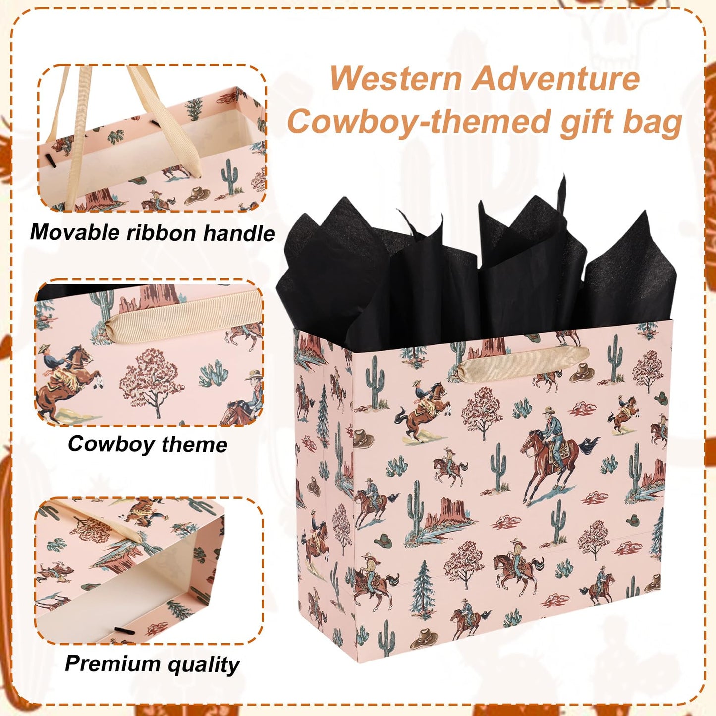 Fukaisu Cowboy Gift Bag, Western Cowboy Theme Party Favor Horse Bags with Tissue Paper Card & Envelop for Cowgirl Birthday Decorations Rodeo Wild West Supplies Goodie Candy