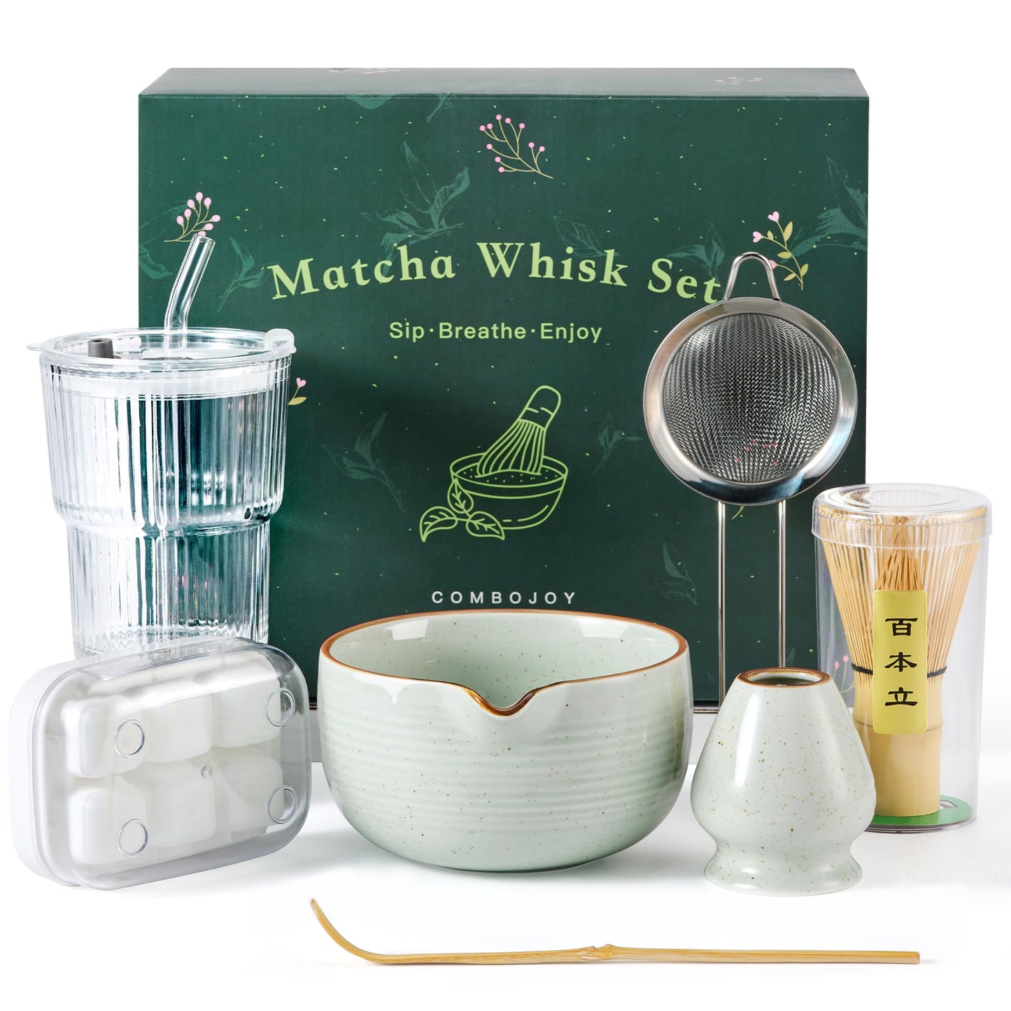 ComboJoy Matcha Whisk Set, Complete Matcha Kit with Bowl, Bamboo Whisk & Holder, Scoop, Sifter, Glass Cup with Lid & Straw, Ice Cube Tray – Matcha Gift Set for Matcha Lovers