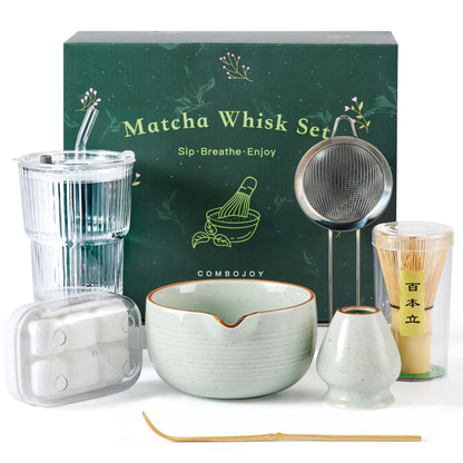 ComboJoy Matcha Whisk Set, Complete Matcha Kit with Bowl, Bamboo Whisk & Holder, Scoop, Sifter, Glass Cup with Lid & Straw, Ice Cube Tray – Matcha Gift Set for Matcha Lovers