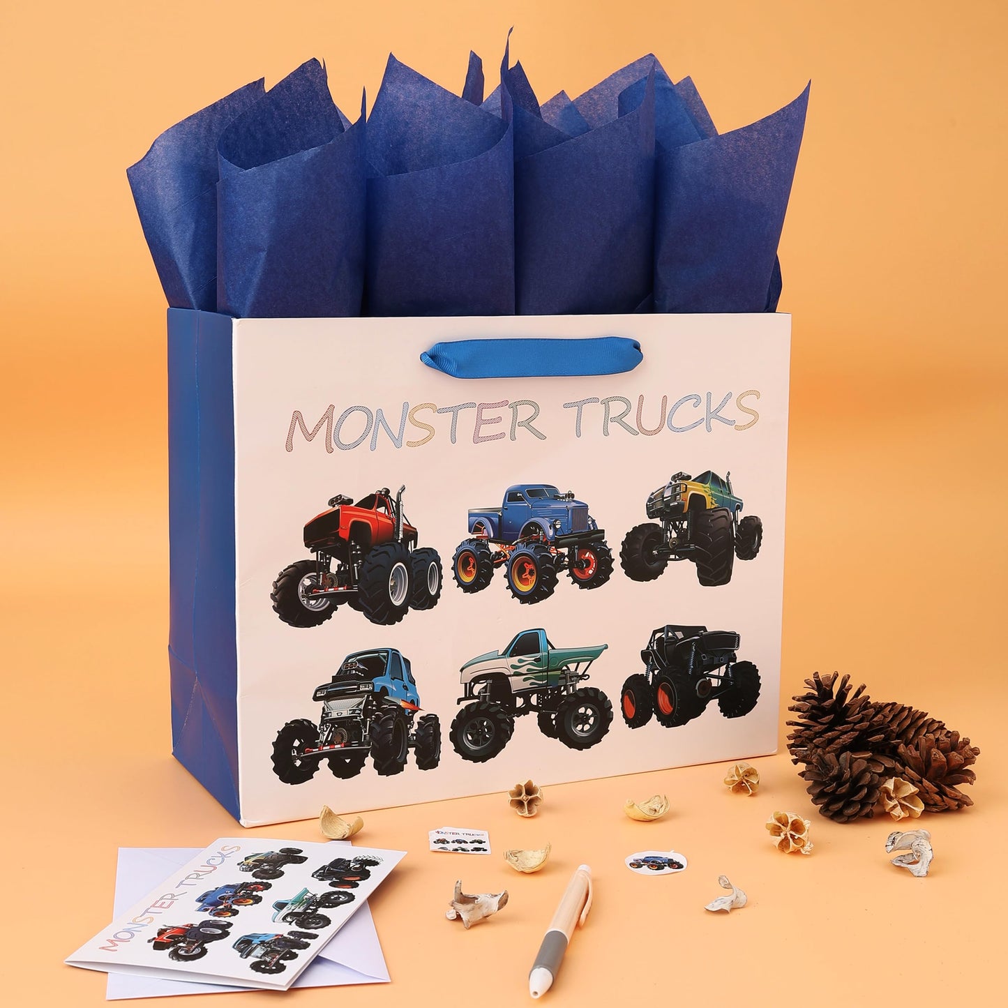 13" Large Birthday Gift Bags Set with Greeting Card and Tissue Paper (Monster Trucks Design) for boys, Kids, Baby boy,Baby Shower,Newborn,New Moms or Parents -13”x5.2”x10.2”, 1 Pcs