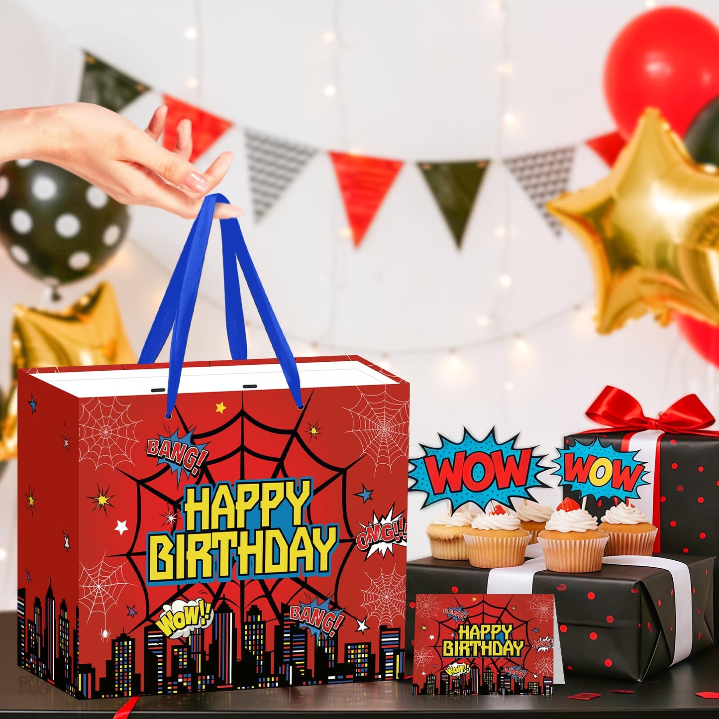 MOORIIY Hero Birthday Gift Bag with Greeting Card and Red Wrapping Paper, Spider Theme Birthday Gift Bag Red Heros Favors Bags for Men Kids Baby Shower Party Decor Supplies