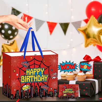 MOORIIY Hero Birthday Gift Bag with Greeting Card and Red Wrapping Paper, Spider Theme Birthday Gift Bag Red Heros Favors Bags for Men Kids Baby Shower Party Decor Supplies