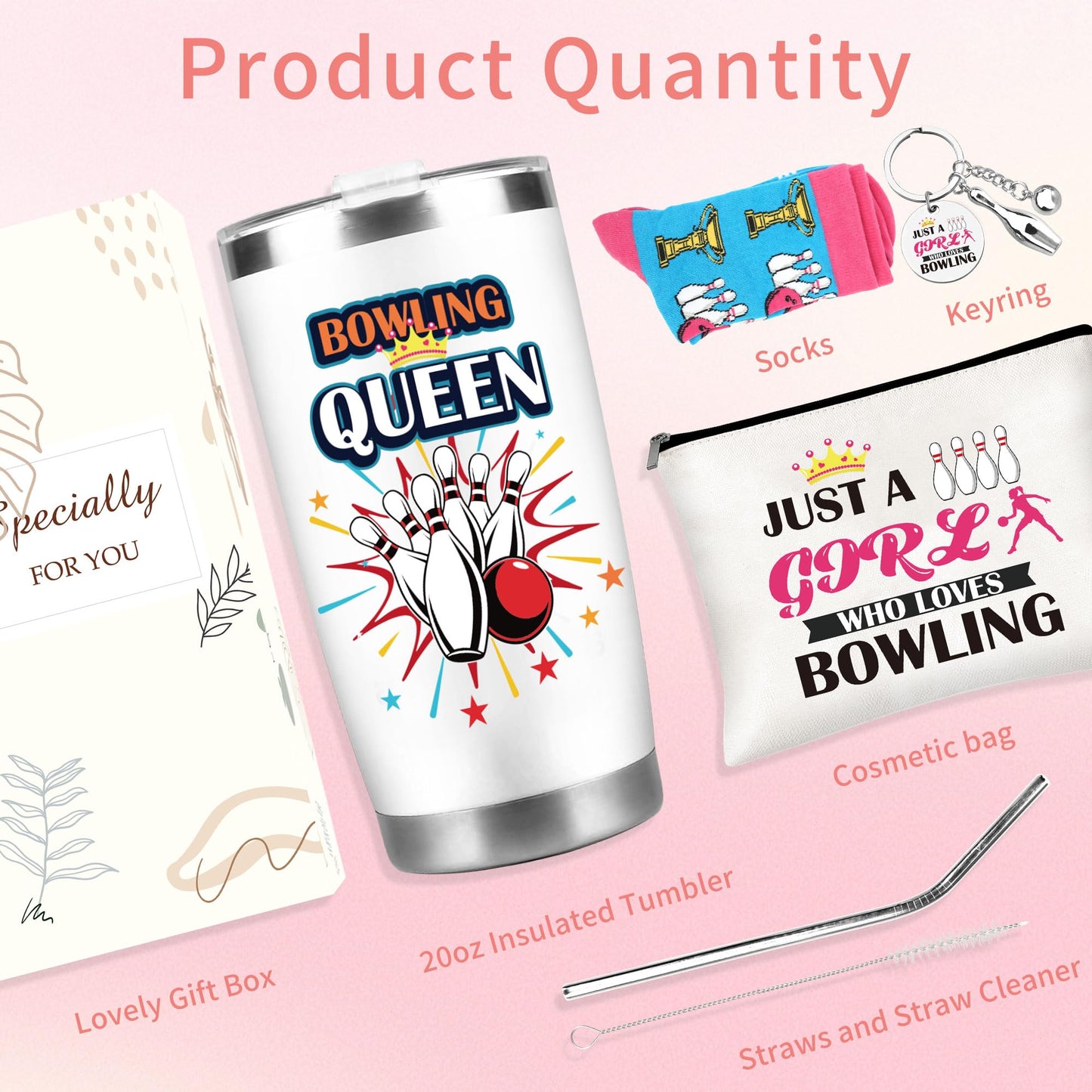 Bowling Gifts for Women Girls, Bowling Ball and Pins 20 oz Tumbler with Lid And Straw, Makeup Bag, Keychain, and Socks, Christmas Birthday Gifts for Bowlers Coach Sports Player